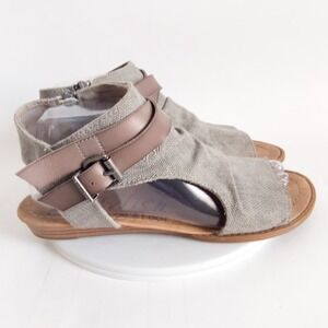 Blowfish Malibu Sandals 9 Ankle Strap Grey Canvas Ruched Buckle Zip Flat Vegan